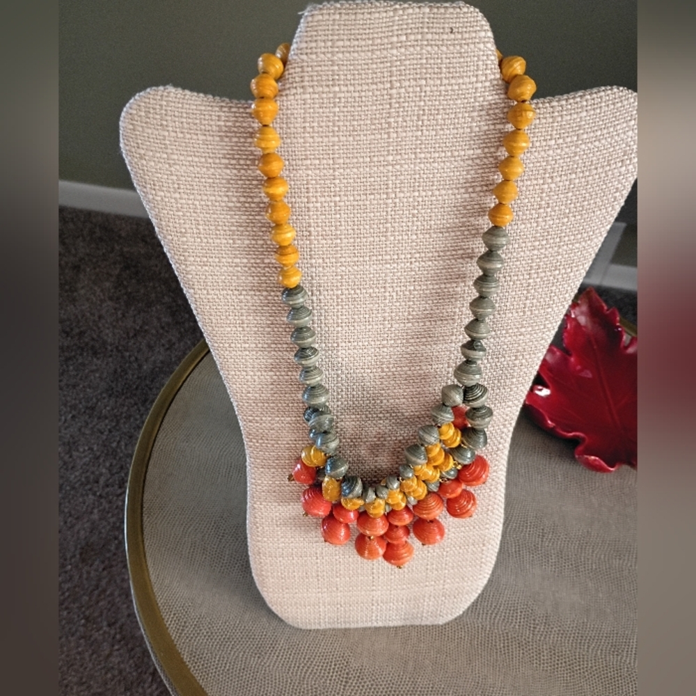 Chunky Style Multi Strand Acrylic Beads Necklace, Green, Yellow, Orange, EUC